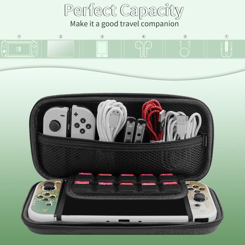 F'DIARY Black of Zelda Carrying Case for Nintendo Switch OLED, Shockproof Accessories of Switch Console with Portable Travel Bag, Hard PC Dockable Cover, Screen Protector, Handle Strap & 2 Thumb Caps - Image 3